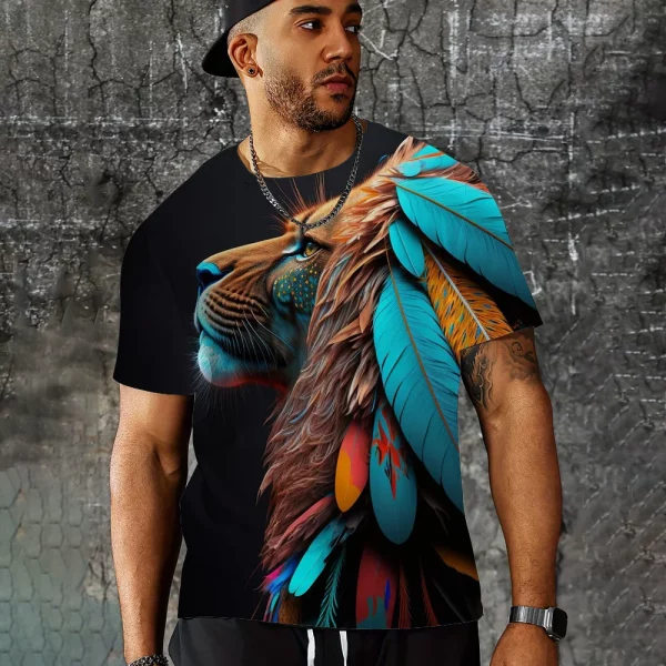 T-shirt Men's Clothing Fashion Round Neck Short Sleeve Lion Pattern Beast Top Summer Relaxed Breathable Clothing Men's T-shirt
