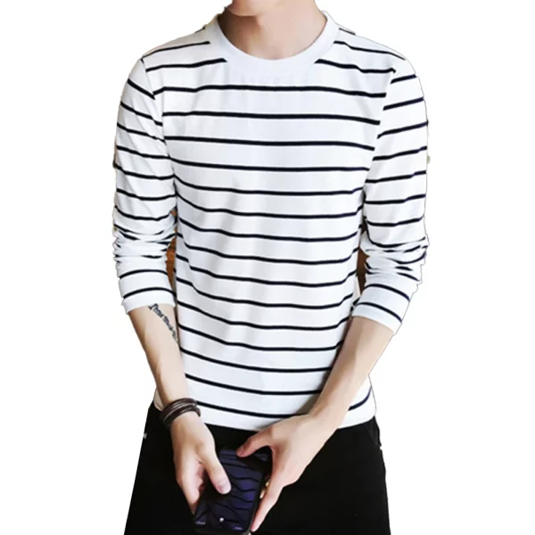 Mens Stripe Long Sleeve T Shirt Crew Neck Shirts Blouse Pullover Undershirt Tops