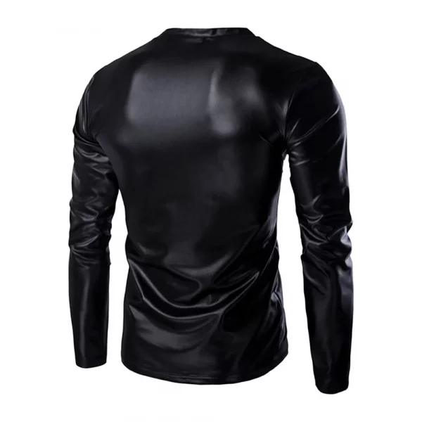 Tops Mens T-Shirt All Season Pullover Round Neck Shirt Wet Look Blouse L-4XL Long Sleeve PU Leather + Polyester